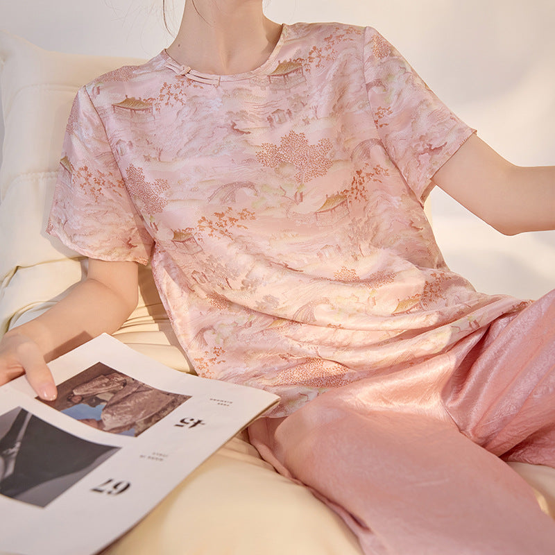 New Chinese style printing solid color short-sleeved light luxury interior with summer high-end temperament mulberry silk t-shirt M3118