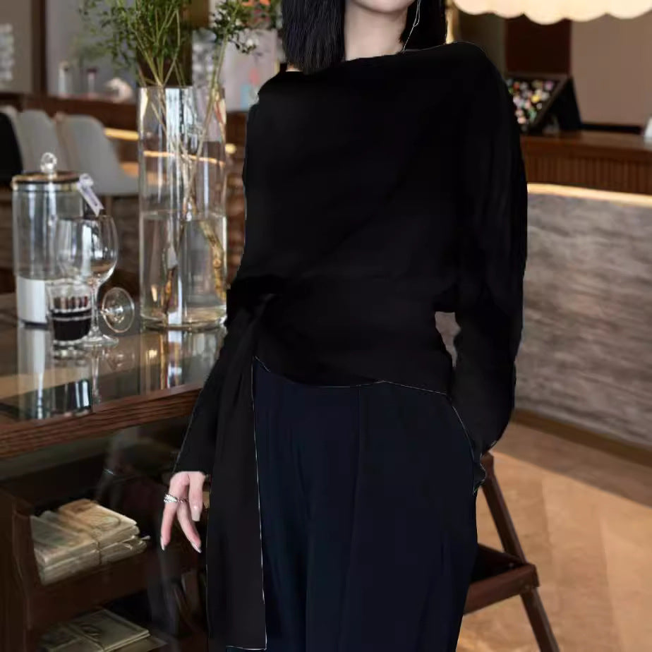 2025 Autumn new chic beautiful shirt shoulder top light mature  smudge long-sleeved t-shirt design sense niche