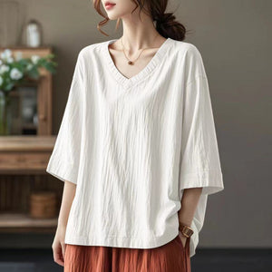Cotton and linen  summer new loose and versatile large size five-quarter sleeve V-neck T-shirt fat mm literary top bottoming shirt women