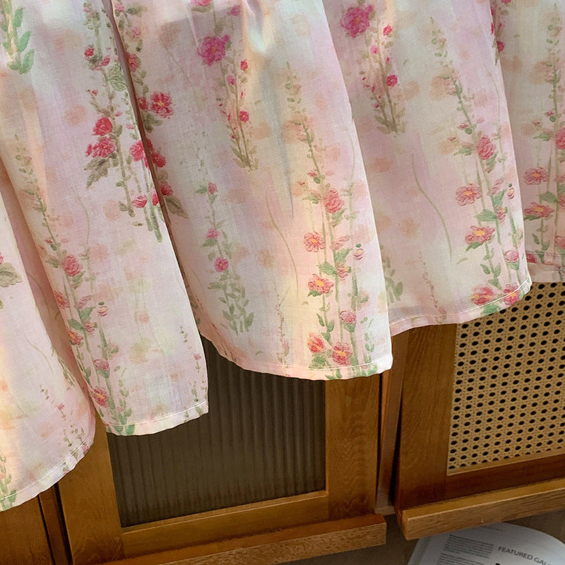 Small fresh pink and green floral skirt women's  summer new gentle wind temperament thin printed umbrella skirt