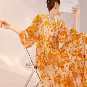 High-end new Chinese fashion lantern sleeves square neck fairy skirt spring and summer heavy industry burning mulberry silk dress N3052