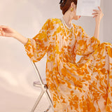 High-end new Chinese fashion lantern sleeves square neck fairy skirt spring and summer heavy industry burning mulberry silk dress N3052