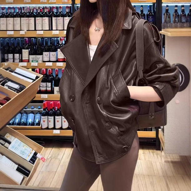 2025 Spot Yang Mi star with the same leather jacket popular autumn new simulation wallet brown loose protein leather jacket