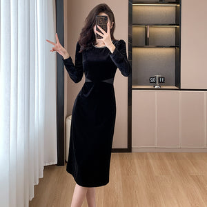 2025 spring new fashion golden velvet splicing waist beads celebrity style medium and long dress