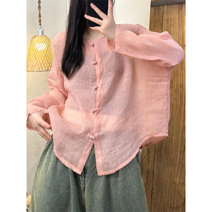 spring and summer new literary and retro niche Zen clear cotton and linen solid color simple wind button-up shirt