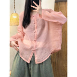 spring and summer new literary and retro niche Zen clear cotton and linen solid color simple wind button-up shirt