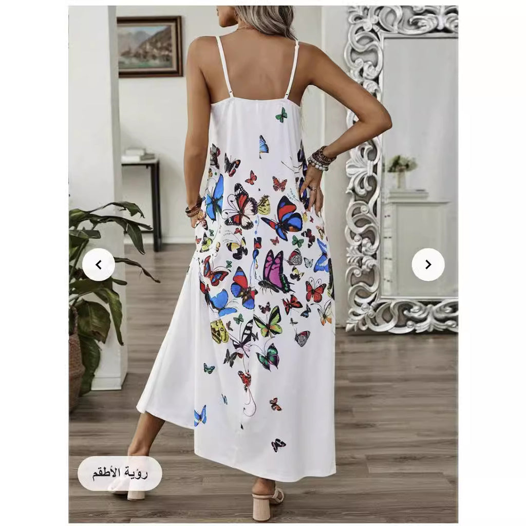 2025 New New European and American Retro Summer Printed Long Dress V-neck Multicolor Long Sexy Sleeveless Dress