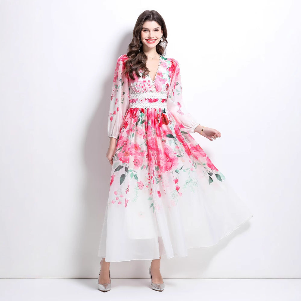 Spring and Summer Vacation New Flower Oil Painting Wind Lace Splicing V-Neck Long Dress
