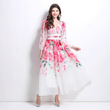 Spring and Summer Vacation New Flower Oil Painting Wind Lace Splicing V-Neck Long Dress