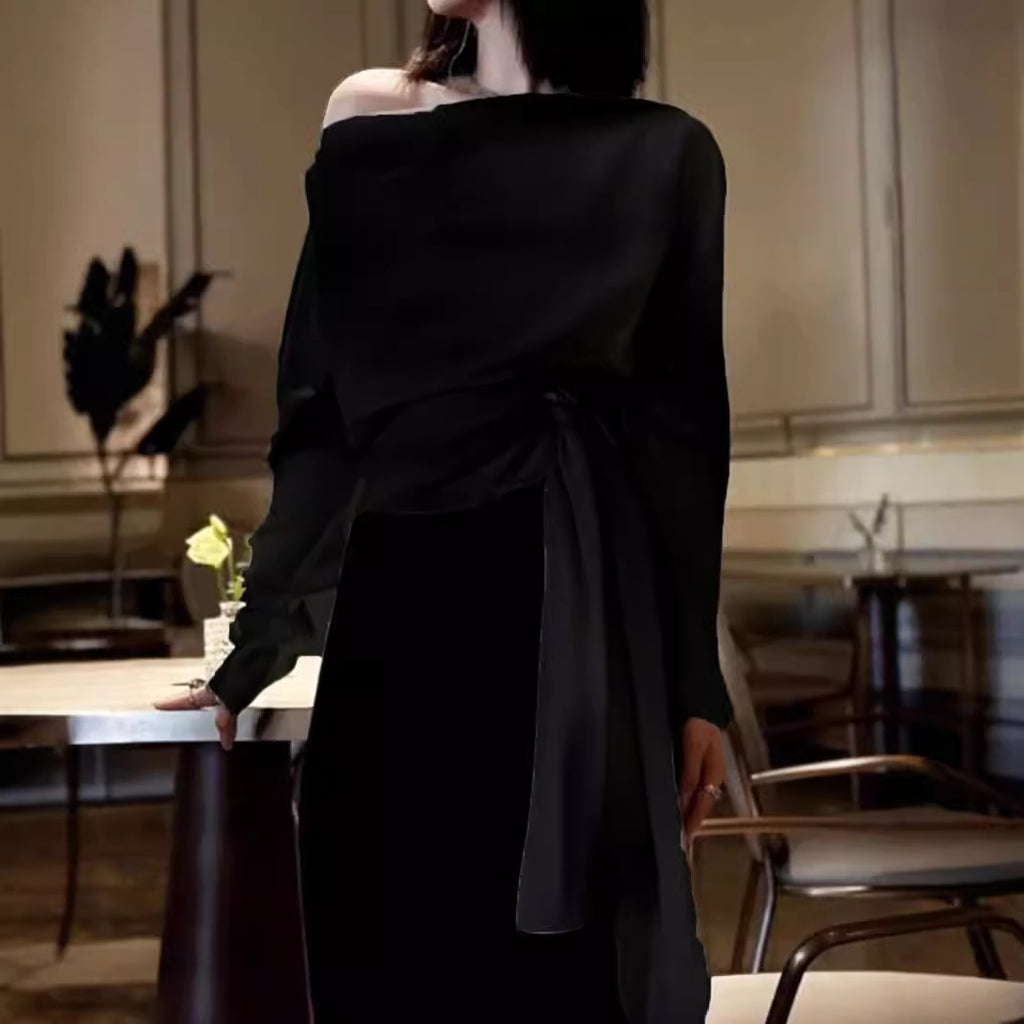 2025 Autumn new chic beautiful shirt shoulder top light mature  smudge long-sleeved t-shirt design sense niche