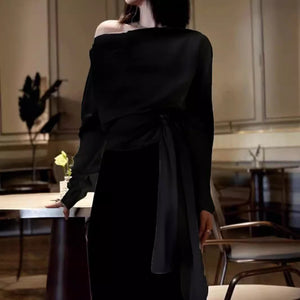 2025 Autumn new chic beautiful shirt shoulder top light mature  smudge long-sleeved t-shirt design sense niche