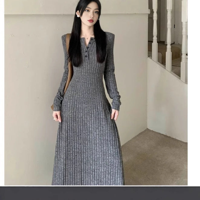2025 Autumn  slim-fit knitted sweater long-sleeved dress women's clothing popular autumn and winter new small long dress