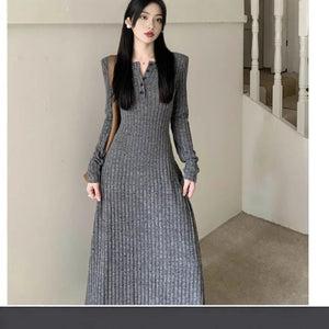 2025 Autumn  slim-fit knitted sweater long-sleeved dress women's clothing popular autumn and winter new small long dress