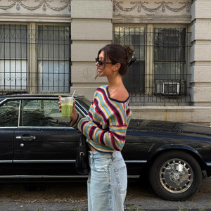 Rainbow stripes contrasting color design sweet knitted off-the-shoulder women's  autumn and winter new autumn atmosphere sweater women