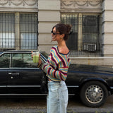 Rainbow stripes contrasting color design sweet knitted off-the-shoulder women's  autumn and winter new autumn atmosphere sweater women