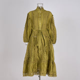 Real spot Bohemian vacation style hollow lace semi-turtleneck lantern sleeve Tencel cotton short dress