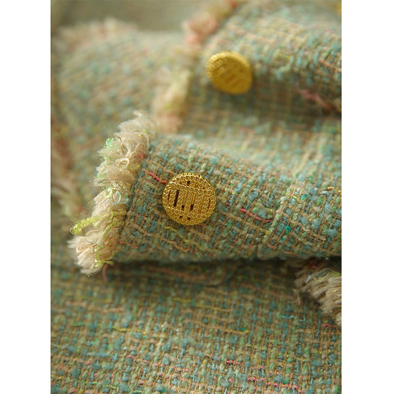 2025 Spring and Autumn Xiaoxiangfeng Jacket  New Autumn Clothing Color-woven Tweed Short Top Women's Green Spring Wholesale