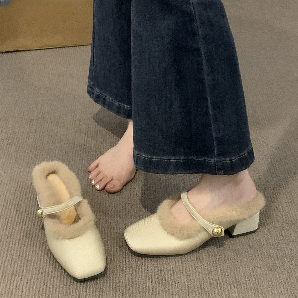 2025  popular new autumn and winter fluffy shoes wear women's shoes thick heel velvet cotton shoes temperament  bag head half slippers