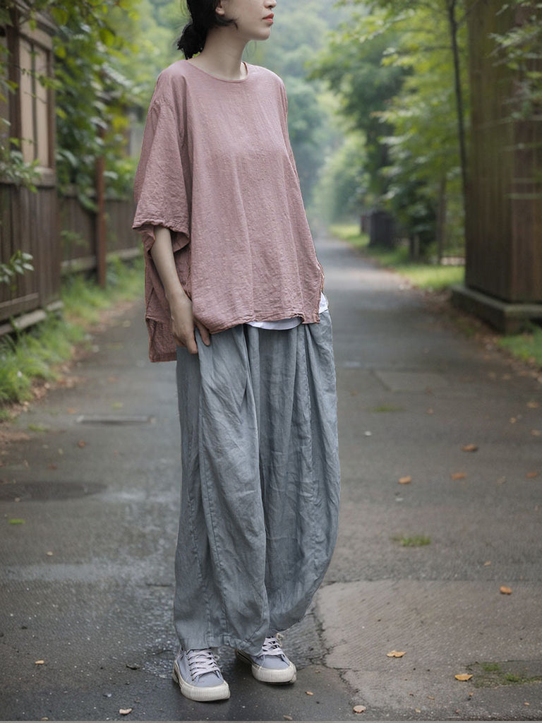 Shan Qian Nianyi, summer literary and elegant cotton and linen T-shirt, small man is thin, breathable and comfortable, irregular clip top