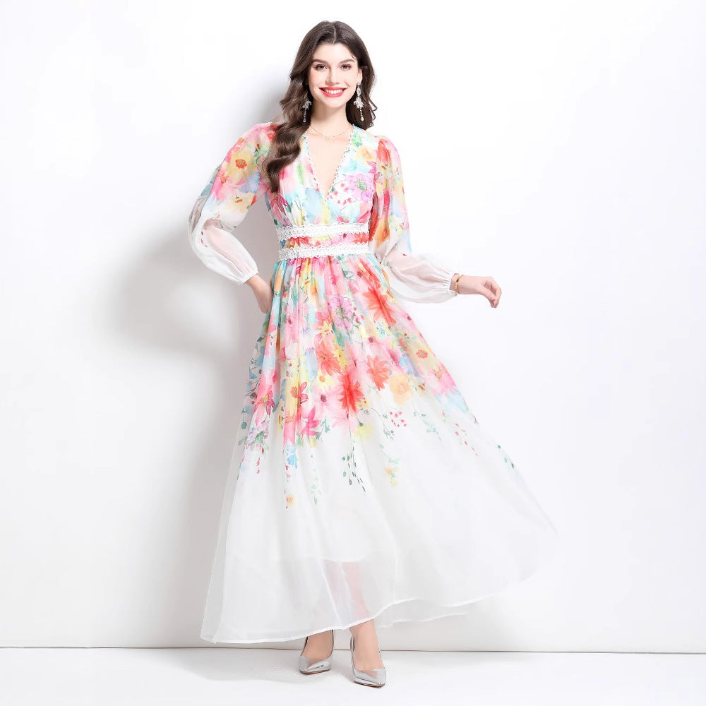 Popular trade  holiday style women's clothing new flower oil painting style lace splicing V-neck long dress