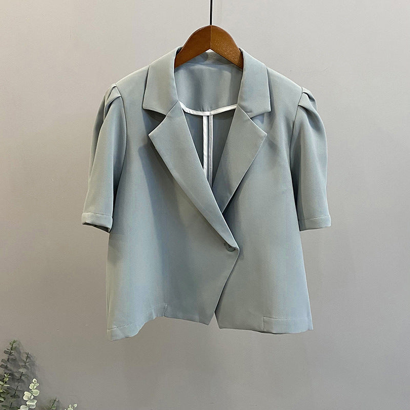 2025 summer short-sleeved suit retro pure bubble sleeve women's single-grain buckle loose Korean casual suit jacket 2140