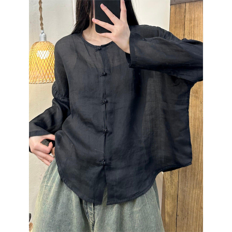 spring and summer new literary and retro niche Zen clear cotton and linen solid color simple wind button-up shirt