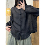 spring and summer new literary and retro niche Zen clear cotton and linen solid color simple wind button-up shirt