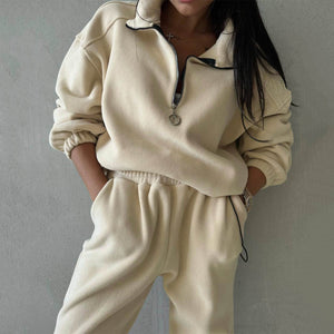 GOOSUDU New fleece sweater set for women, 2025 style autumn and winter new POLO collar top casual pants two-piece set for women