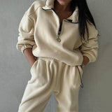 GOOSUDU New fleece sweater set for women, 2025 style autumn and winter new POLO collar top casual pants two-piece set for women