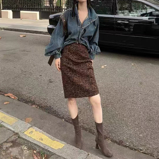 2025 popular autumn new leopard print skirt fashionable versatile women's retro printing autumn and winter casual temperament