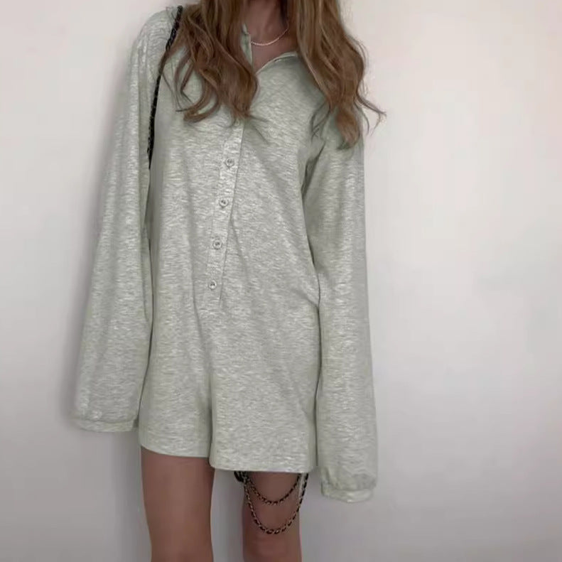 GOOSUDU 2025 women's clothing POLO collar single-breasted long-sleeved loose casual and comfortable basic solid-color one-piece shorts