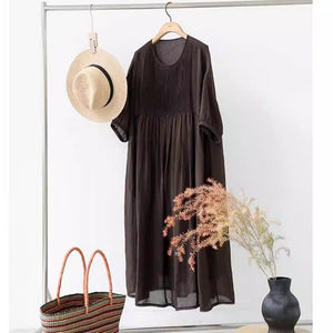 Literary and retro cotton and linen dress women's  summer new robe organ pleated seven-point bubble sleeves elegant long dress