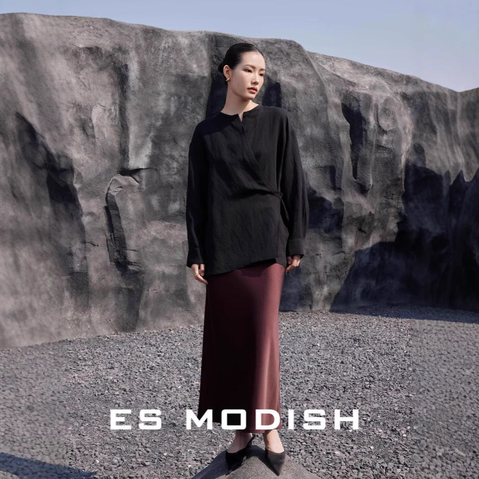 2025 ES MODISH spring new product niche design sense round neck side buckle solid color loose Tencel casual shirt girls