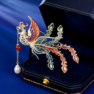 2025 Guochao retro Chinese style cheongsam dress accessories corsage women's enamel colored glaze pearl noble and elegant phoenix brooch