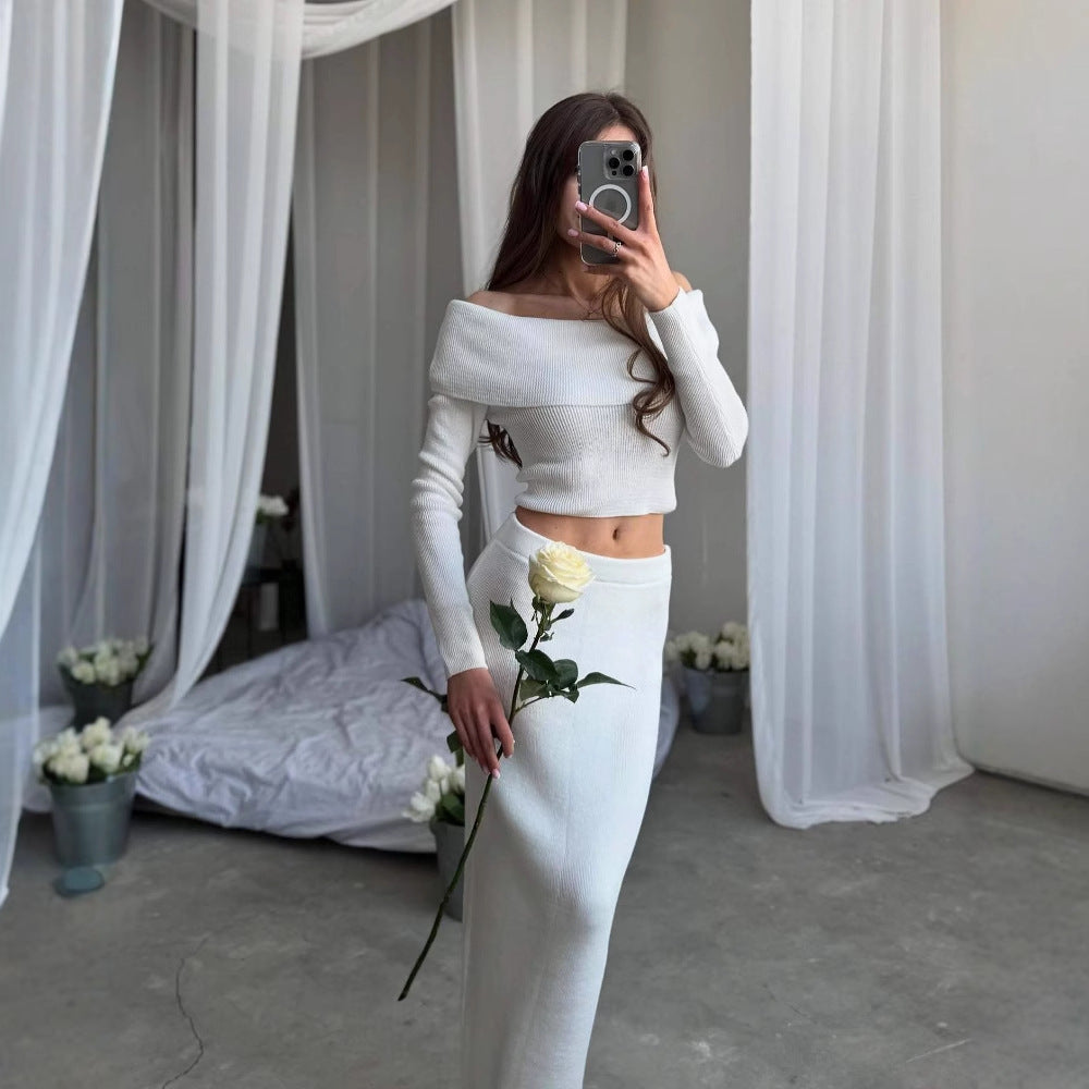 slim skirt women's pure desire style long-sleeved knitted elegant vacation style one-word shoulder open button skirt set