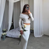 slim skirt women's pure desire style long-sleeved knitted elegant vacation style one-word shoulder open button skirt set