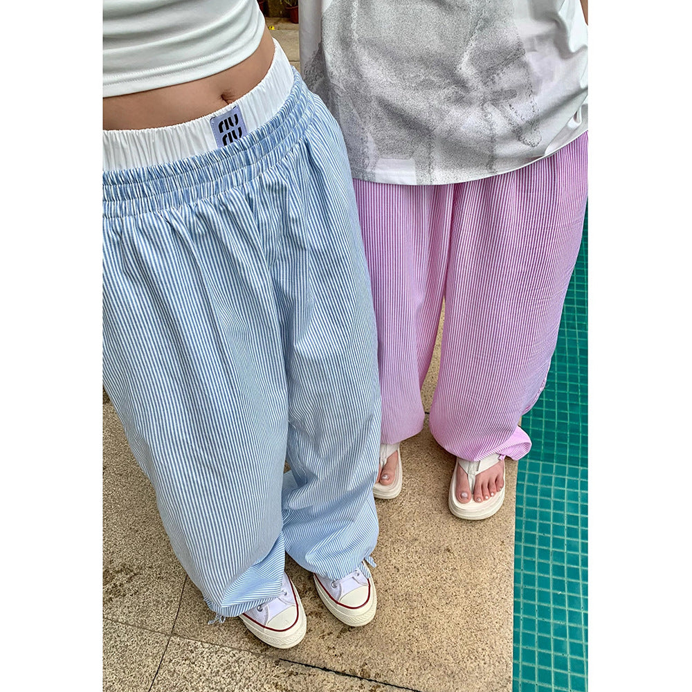 GOOSUDU Summer New Niche Fake Two-Piece Striped Casual Pants Women's Slimming Straight Pants Wide Leg Design Sense Idle Style Pants
