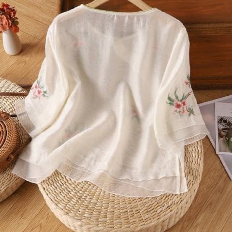 Literary retro embroidered cotton and linen shirt  summer new loose large size casual zen tea clothes shirt top