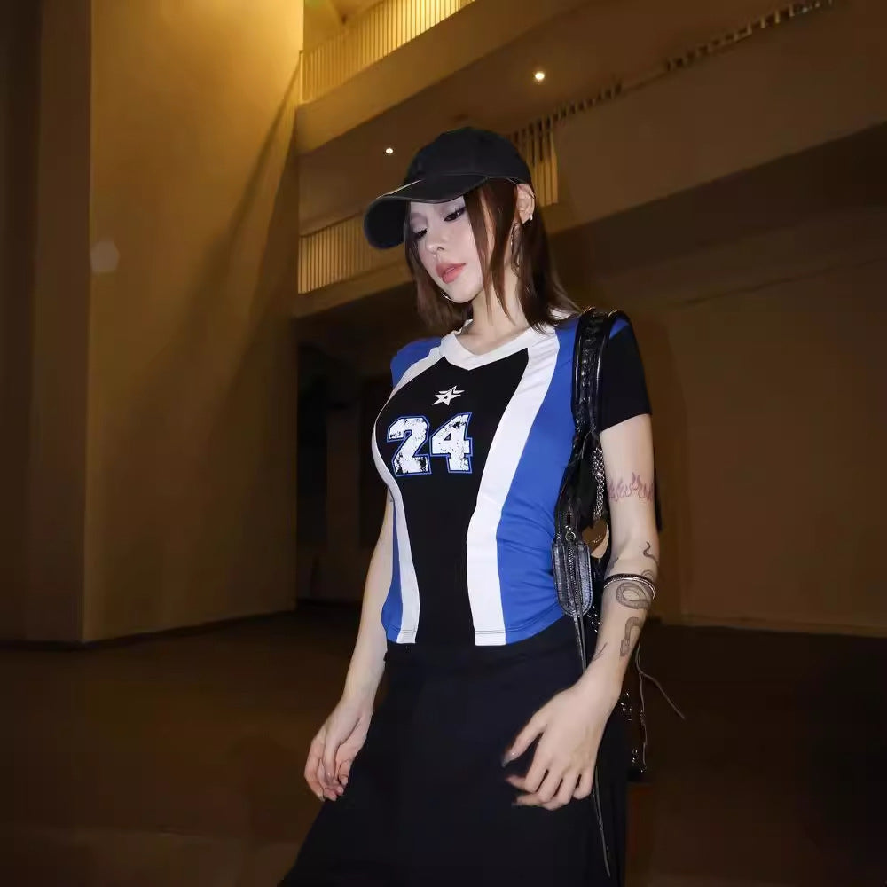 GOOSUDU 2025 AC167 color matching letter printing street dance T-shirt popular summer new slim fashion football locomotive suit women