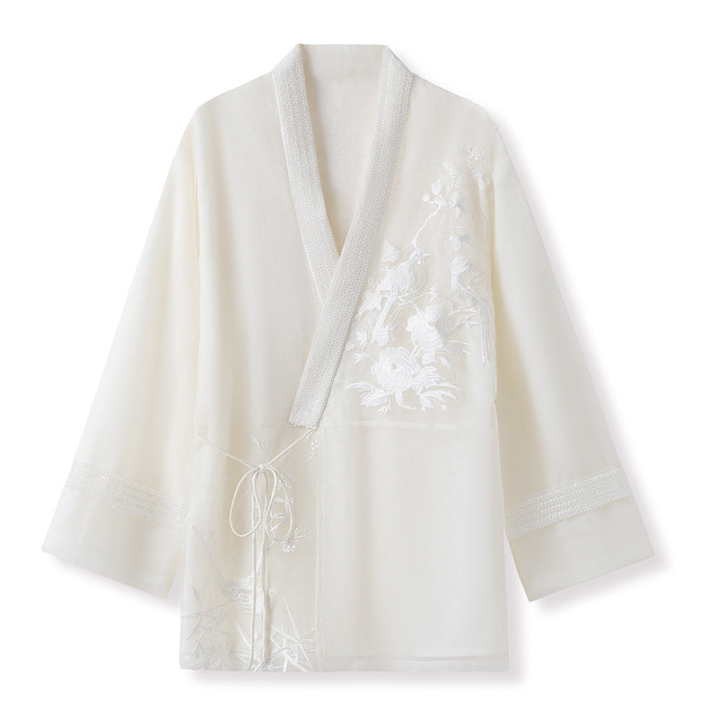 2025 spring new Chinese style flower and bird embroidered mulberry silk shirt white loose outer top women's M3074