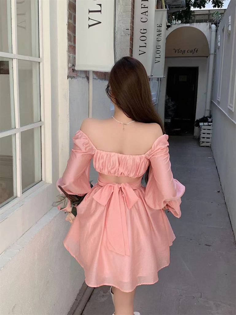 woloong  Pink Sweet Elegant Princess Dress Women Casual Korean Slim Long Sleeve Fairy Dress Female Backless Design Vintage Dress New