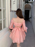 woloong  Pink Sweet Elegant Princess Dress Women Casual Korean Slim Long Sleeve Fairy Dress Female Backless Design Vintage Dress New