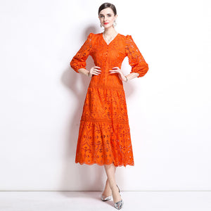 women's dress  new  retro hollowed crochet waist lantern sleeve pendulum long skirt