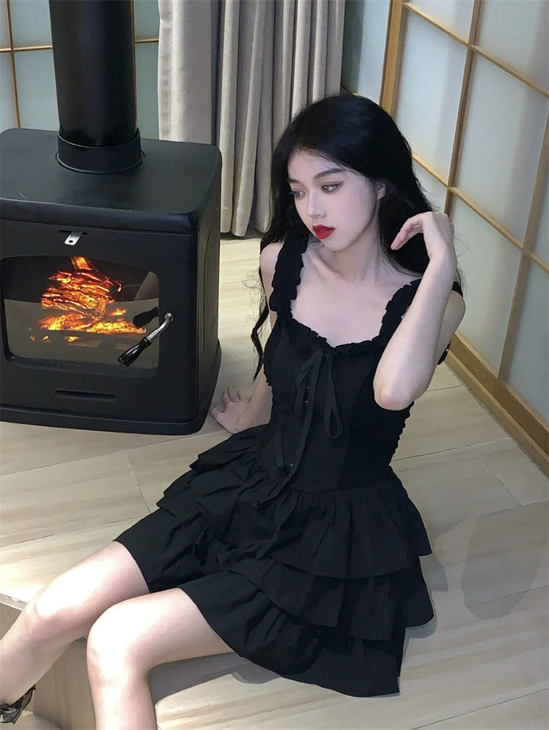 Strap Dress Women's Summer Pure Desire Sexy Ruffles Elegant High Sense Cake Short Skirt Black Dress