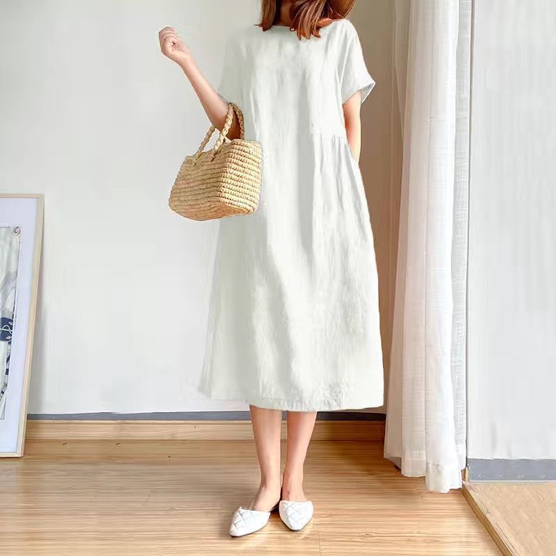 Simple literary and artistic fan loose and thin cotton and linen dress women's summer  new large size fat mm medium and long skirt