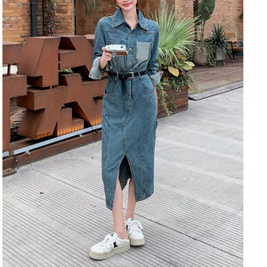 2025 Autumn retro denim skirt long-sleeved dress  early autumn new women's clothing fashion trend split high sense
