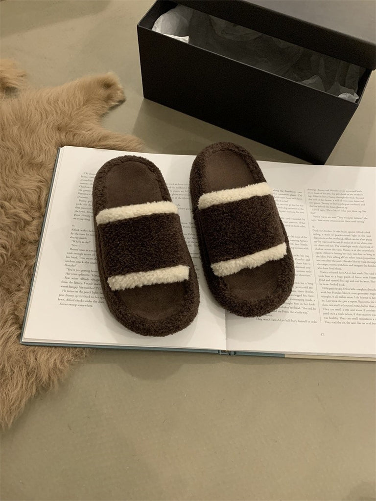 2025  Slippers women's muffin thick bottom popular autumn and winter middle heel Popularan station warm fluffy slippers women's outer wear