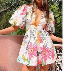 2025 Europe and America Cross Border Summer New New  Fashion Printed Pocket Dress Women