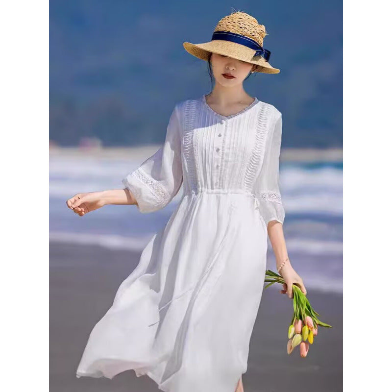 White loose swing dress literary retro long dress holiday style dress elegant beach dress  summer new