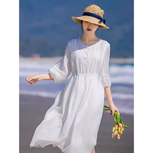 White loose swing dress literary retro long dress holiday style dress elegant beach dress  summer new